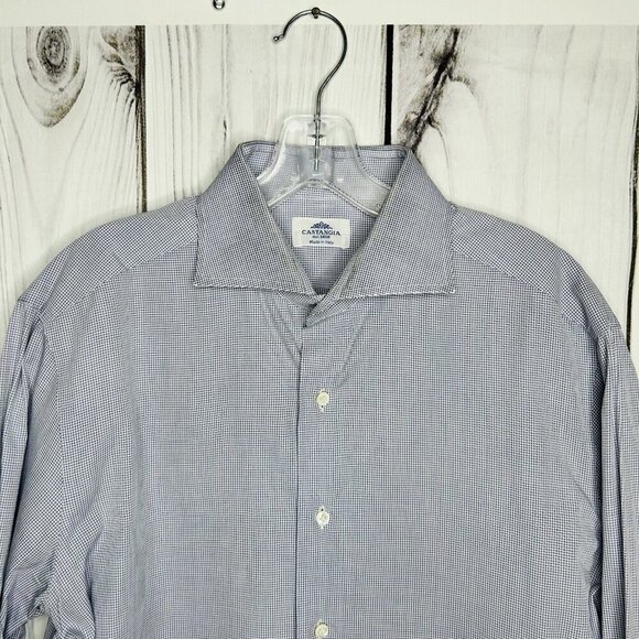 Castangia Shirt Men's 16 / 41 Blue White Micro Check Button Up Dress Italy - Picture 3 of 8